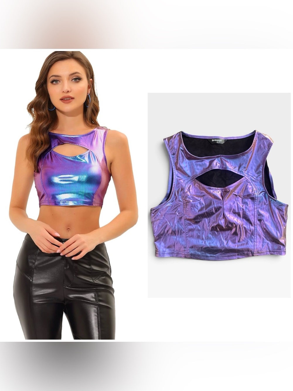 Allegra K Iridescent Metallic Purple Cutout Crop Tank, Medium
